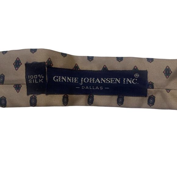 Silk Vintage Ginnie Johansen Tan Gold Beige Print Bow Neck Scarf Necktie Pattern - Picture 4 of 9